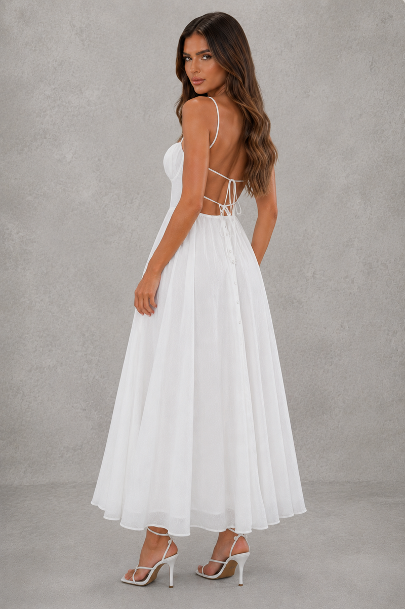 Women’s Broderie Anglaise Midi Dress with Corset Bodice & Split Detail for Evening & Formal Wear