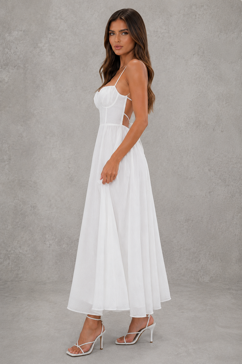 Women’s Broderie Anglaise Midi Dress with Corset Bodice & Split Detail for Evening & Formal Wear