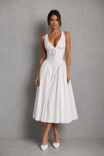 Women's White Broderie Anglaise Midi Wedding Guest Dress with Lace Up Back