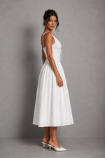 Women's White Broderie Anglaise Midi Wedding Guest Dress with Lace Up Back