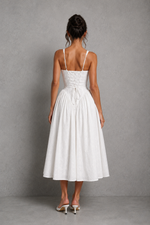 Women's White Broderie Anglaise Midi Wedding Guest Dress with Lace Up Back