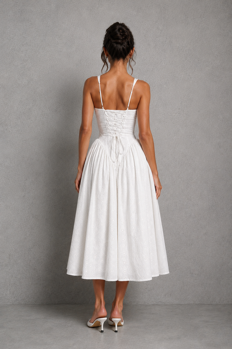 Women's White Broderie Anglaise Midi Wedding Guest Dress with Lace Up Back
