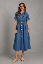Women’s Button-Front Denim Midi Shirt Dress for Casual Everyday Wear