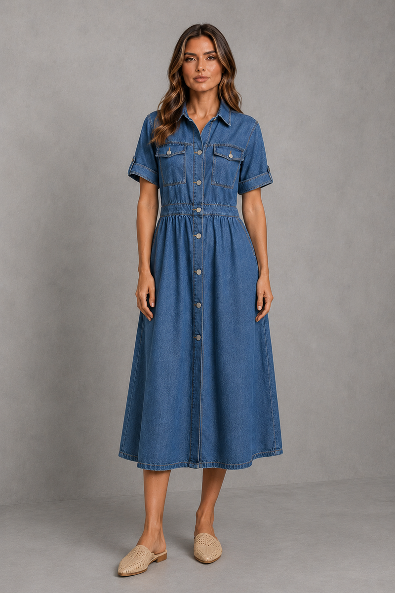 Women’s Button-Front Denim Midi Shirt Dress for Casual Everyday Wear
