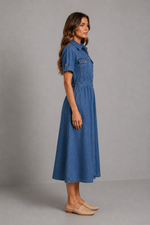 Women’s Button-Front Denim Midi Shirt Dress for Casual Everyday Wear
