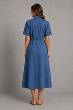 Women’s Button-Front Denim Midi Shirt Dress for Casual Everyday Wear