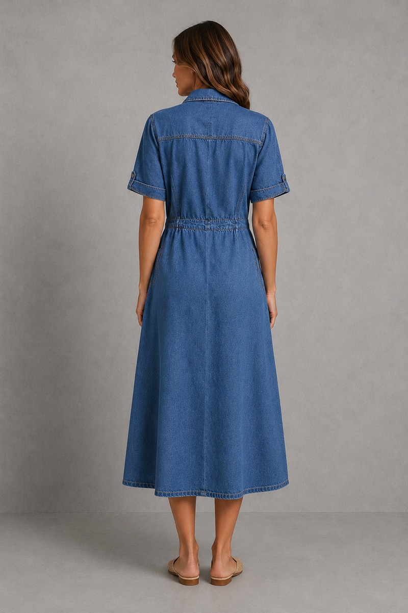 Women’s Button-Front Denim Midi Shirt Dress for Casual Everyday Wear