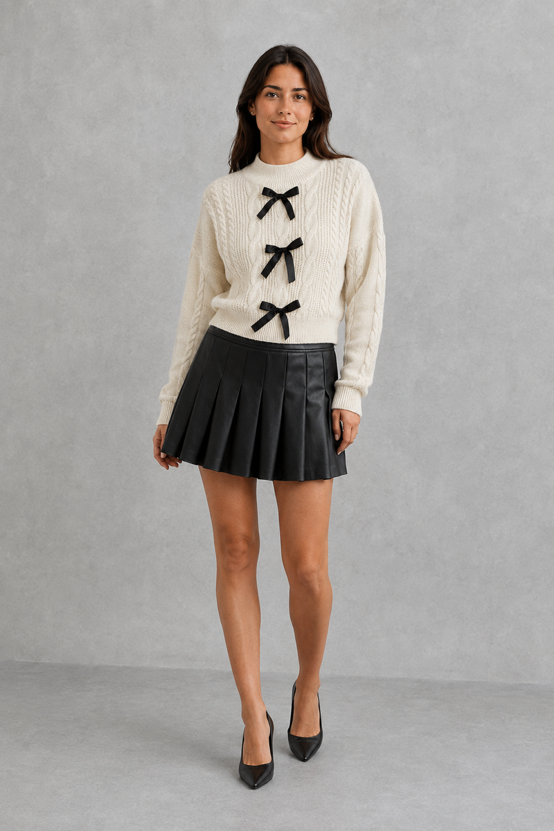 Women’s cable knit cardigan with feminine bow tie front, long sleeves and textured knitted design for autumn and winter layering.
