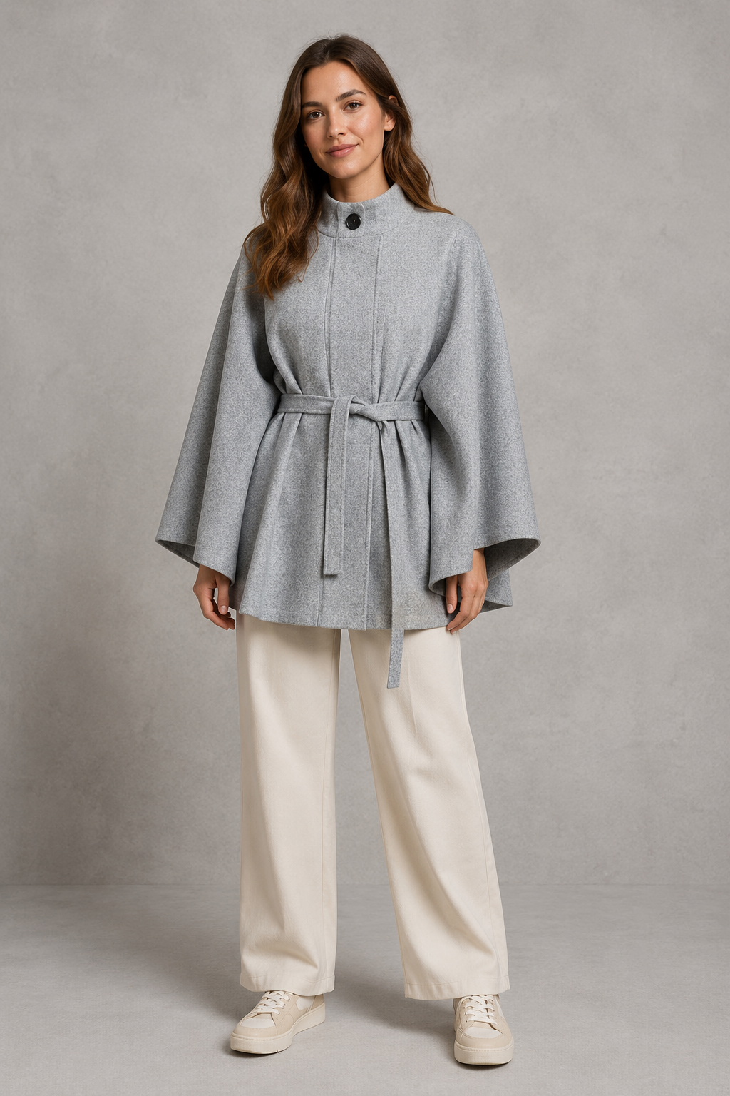 Women's elegant wool-blend cape sleeve coat with stand collar, slim tailored fit and belted waist, ideal for autumn and winter formal wear.
