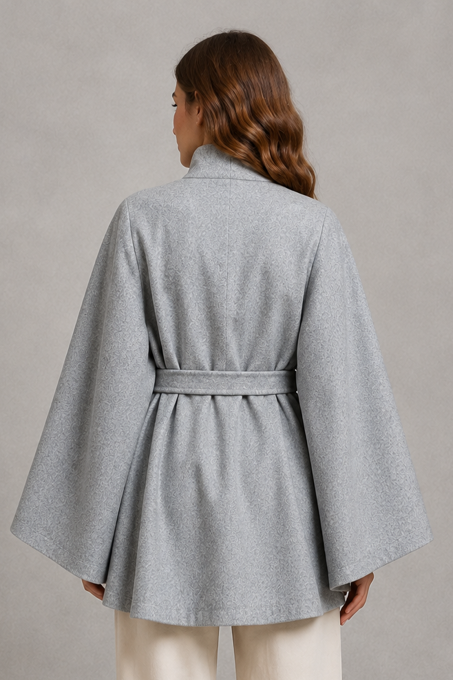 Women's elegant wool-blend cape sleeve coat with stand collar, slim tailored fit and belted waist, ideal for autumn and winter formal wear.