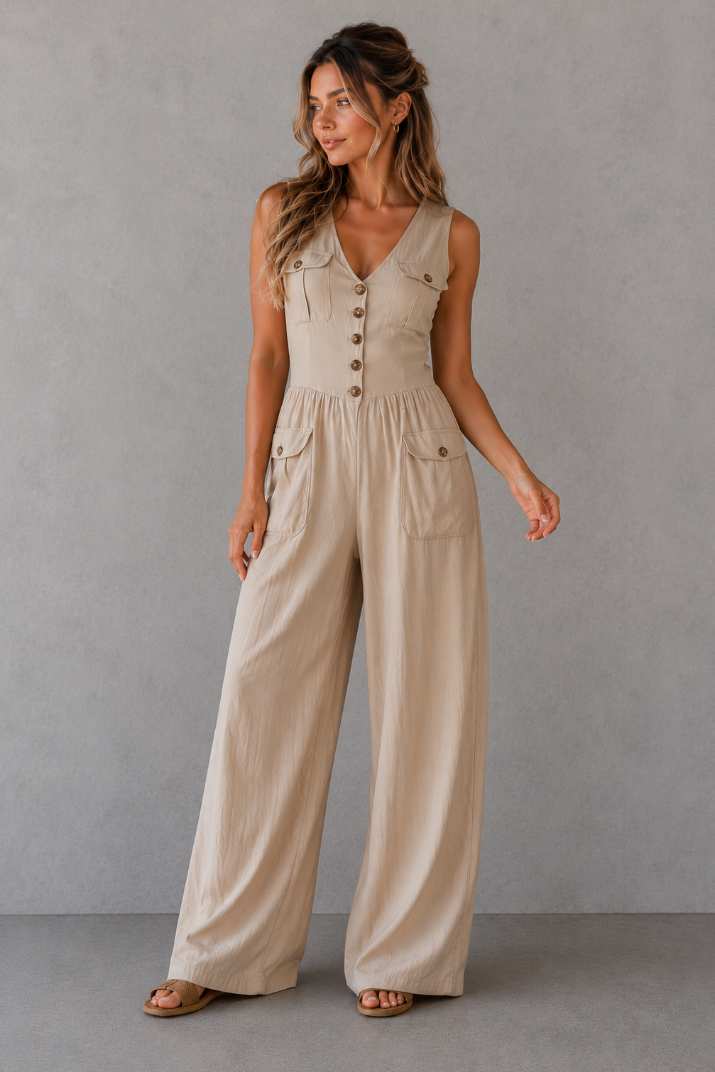Woman wearing a beige jumpsuit against a gray background