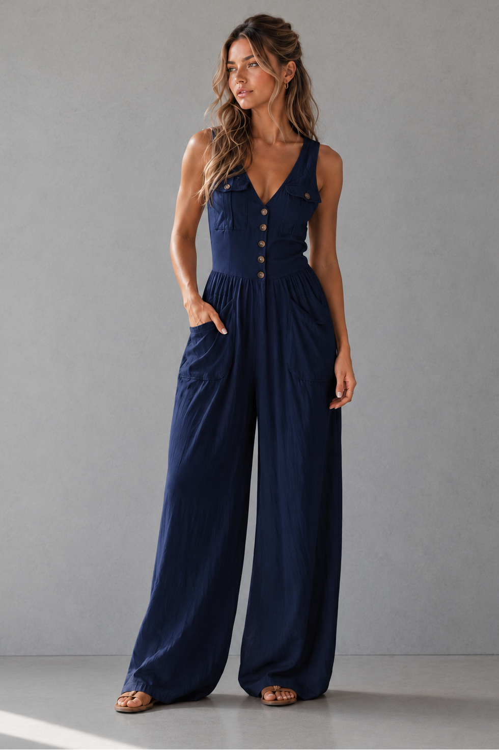 Woman wearing a navy blue jumpsuit against a gray background