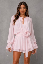Women’s Chiffon Mini Dress with Bishop Sleeves & Rosette Belt for Party & Daytime Wear