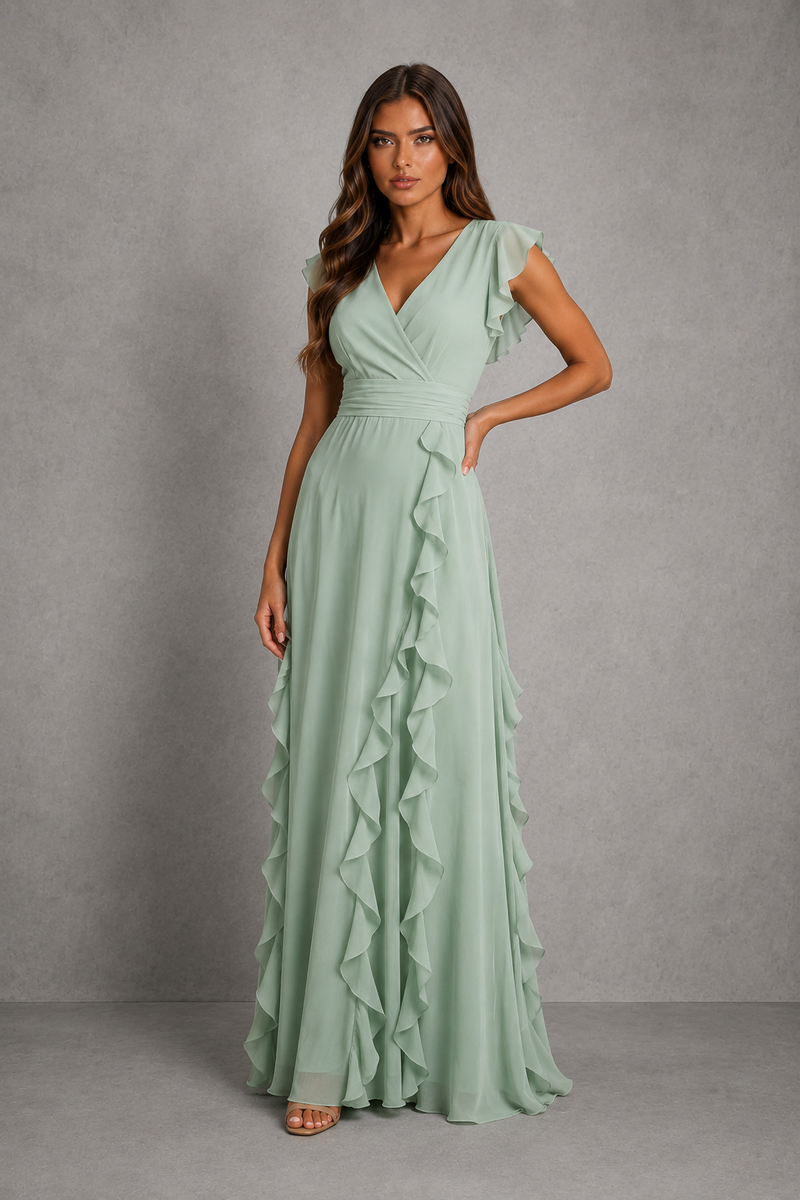 A woman modeling a sage green maxi dress with ruffle details, standing against a textured gray studio backdrop.