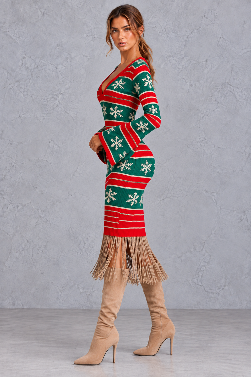Women's red & green Fair Isle Christmas jumper dress with flared sleeves – side view