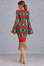 Women's red & green Fair Isle Christmas jumper dress with fringe hem – back view