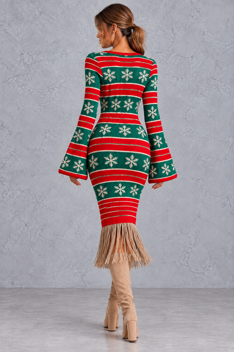 Women's red & green Fair Isle Christmas jumper dress with fringe hem – back view