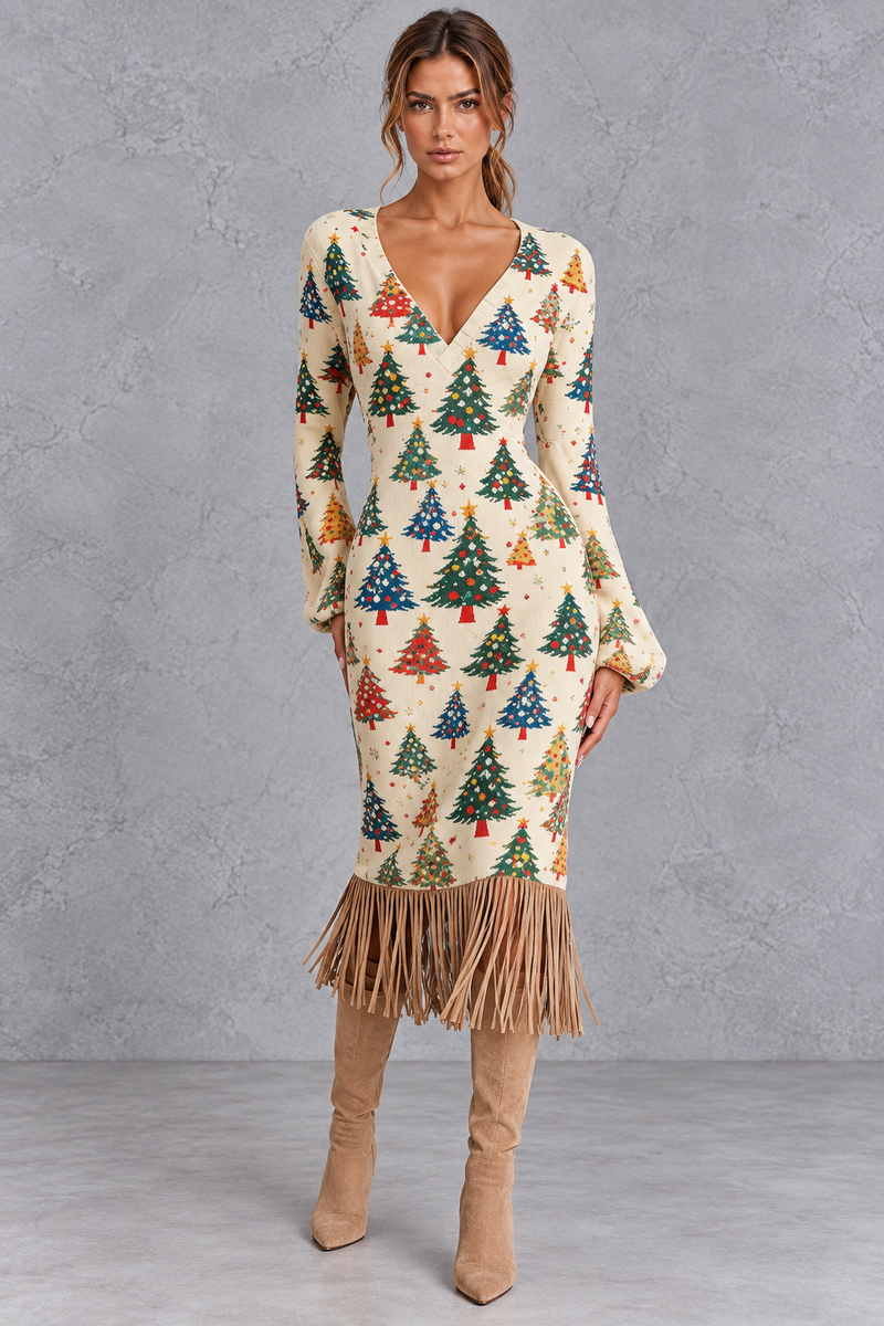 Women's all-over Christmas trees knitted jumper dress with V-neck and fringe hem – front view