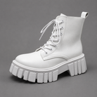 Women's black chunky sole combat boots with lace-up fastening, ankle-height design, round toe, medium square heel and durable rubber sole for casual everyday wear.