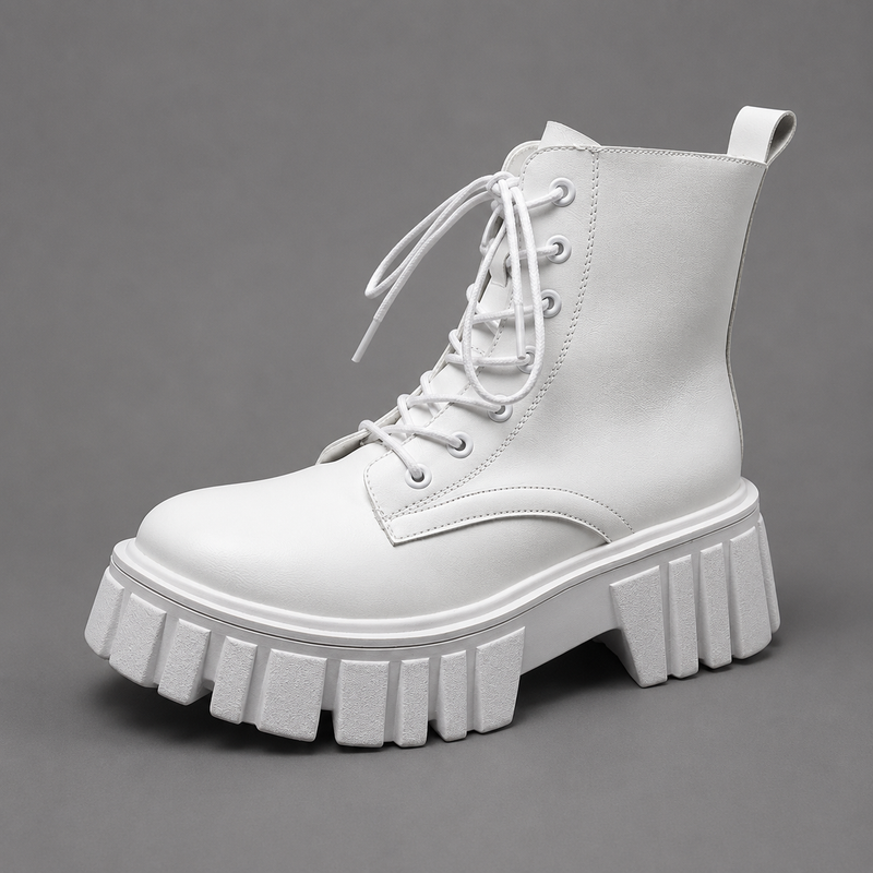 Women's black chunky sole combat boots with lace-up fastening, ankle-height design, round toe, medium square heel and durable rubber sole for casual everyday wear.