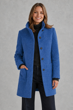Women's classic longline winter coat with a tailored straight fit, button-front fastening, side pockets and elegant lapel collar, designed for warm, timeless autumn and winter styling.