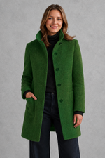 Women's classic longline winter coat with a tailored straight fit, button-front fastening, side pockets and elegant lapel collar, designed for warm, timeless autumn and winter styling.