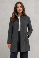 Women's classic longline winter coat with a tailored straight fit, button-front fastening, side pockets and elegant lapel collar, designed for warm, timeless autumn and winter styling.
