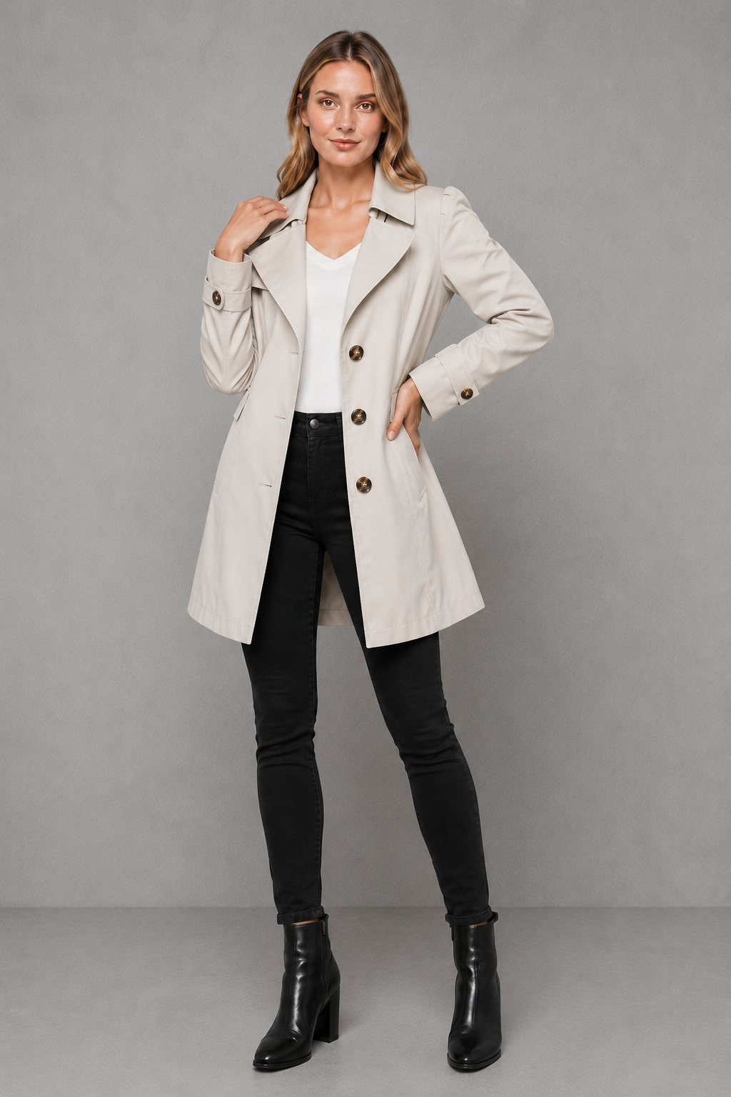 Women's classic tailored trench coat in a cotton-blend fabric featuring a longline silhouette, lapel collar, button-front fastening, side pockets and a regular fit, ideal for smart and casual wear during spring, autumn and mild winter.