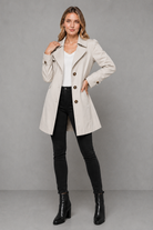 Women's classic tailored trench coat in a cotton-blend fabric featuring a longline silhouette, lapel collar, button-front fastening, side pockets and a regular fit, ideal for smart and casual wear during spring, autumn and mild winter.