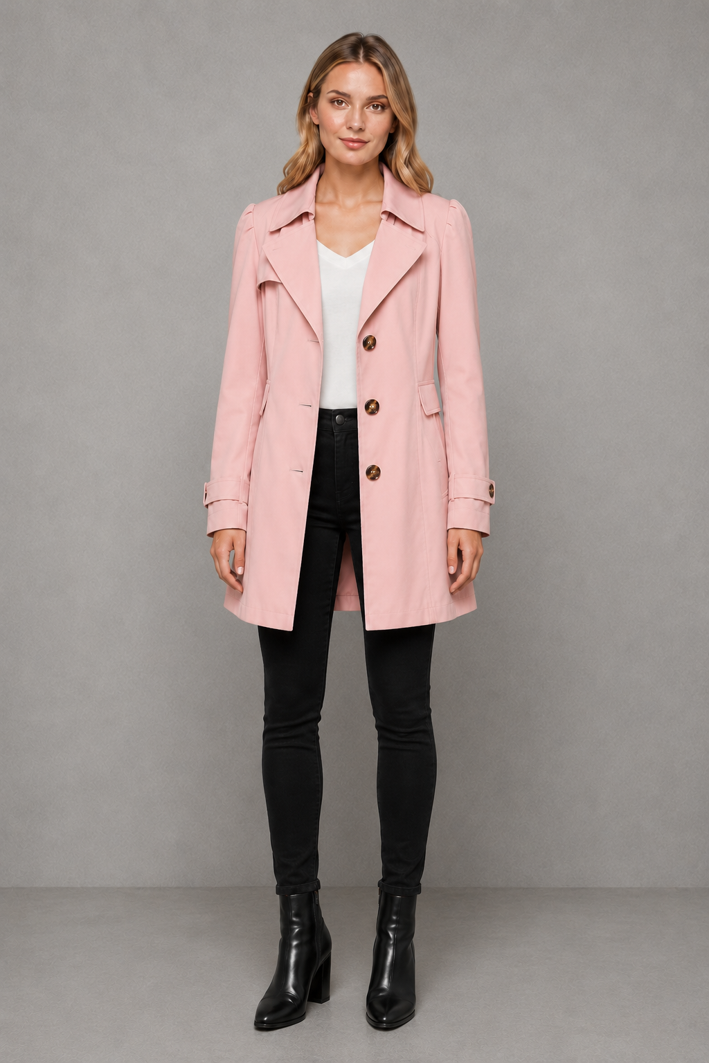 Women's classic tailored trench coat in a cotton-blend fabric featuring a longline silhouette, lapel collar, button-front fastening, side pockets and a regular fit, ideal for smart and casual wear during spring, autumn and mild winter.