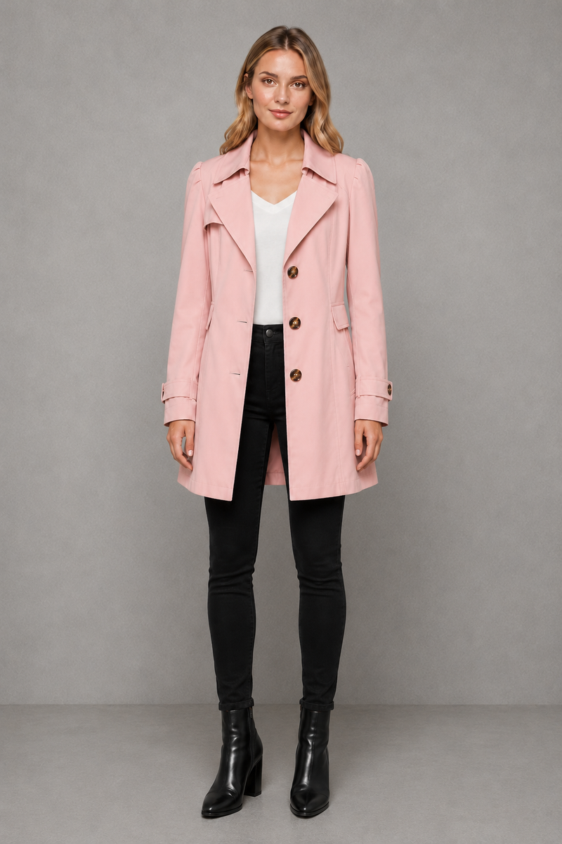 Women's classic tailored trench coat in a cotton-blend fabric featuring a longline silhouette, lapel collar, button-front fastening, side pockets and a regular fit, ideal for smart and casual wear during spring, autumn and mild winter.