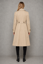 Women's classic tailored trench coat in a cotton-blend fabric featuring a longline silhouette, lapel collar, button-front fastening, side pockets and a regular fit, ideal for smart and casual wear during spring, autumn and mild winter.