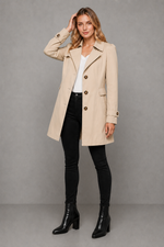 Women's classic tailored trench coat in a cotton-blend fabric featuring a longline silhouette, lapel collar, button-front fastening, side pockets and a regular fit, ideal for smart and casual wear during spring, autumn and mild winter.