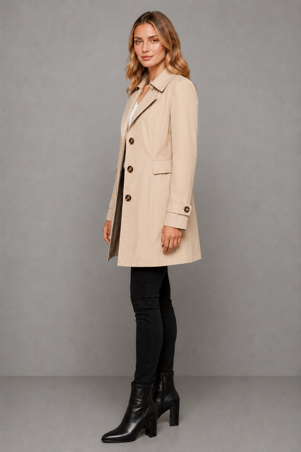 Women's classic tailored trench coat in a cotton-blend fabric featuring a longline silhouette, lapel collar, button-front fastening, side pockets and a regular fit, ideal for smart and casual wear during spring, autumn and mild winter.