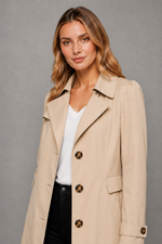 Women's classic tailored trench coat in a cotton-blend fabric featuring a longline silhouette, lapel collar, button-front fastening, side pockets and a regular fit, ideal for smart and casual wear during spring, autumn and mild winter.