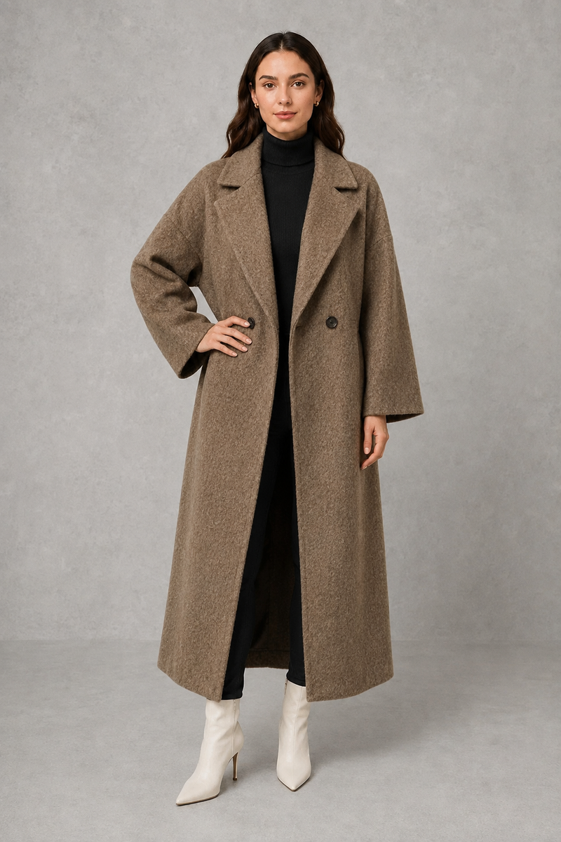 Women’s classic wool maxi coat with a relaxed longline silhouette, minimalist styling and traditional front button fastening for autumn and winter.