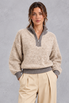Women's oatmeal half-zip knitted jumper with contrast grey ribbed collar – front view