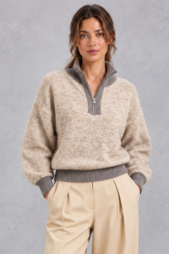 Women's oatmeal half-zip knitted jumper with contrast grey ribbed collar – front view