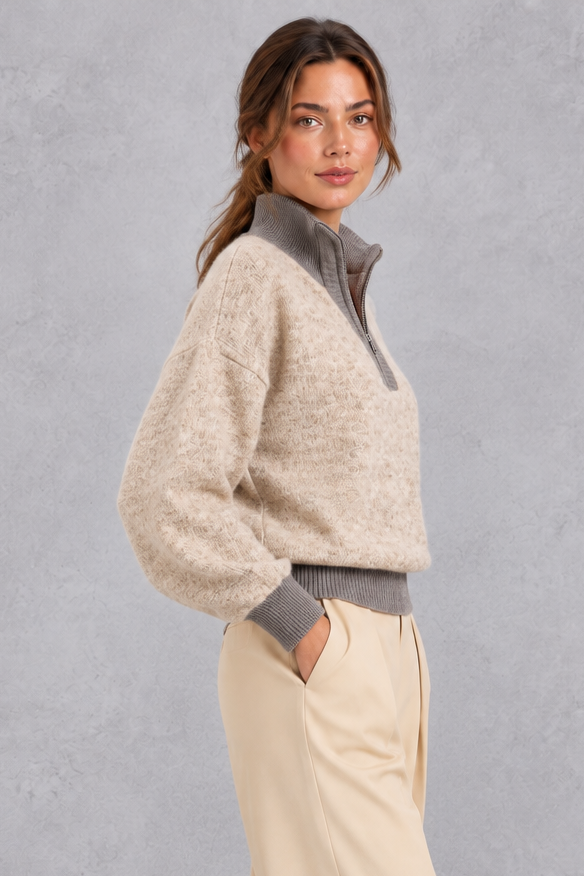 Women's oatmeal half-zip knitted jumper with contrast grey collar – side view
