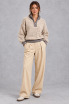 Women's oatmeal half-zip knitted jumper with contrast grey collar – full-length front view