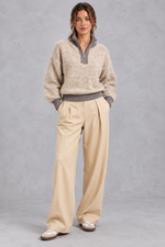 Women's oatmeal half-zip knitted jumper with contrast grey collar – full-length front view
