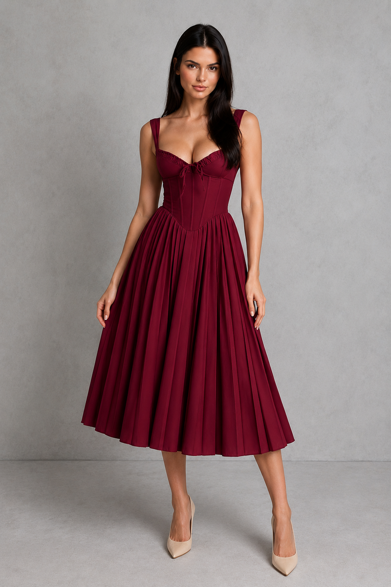 Woman wearing a burgundy dress against a gray background