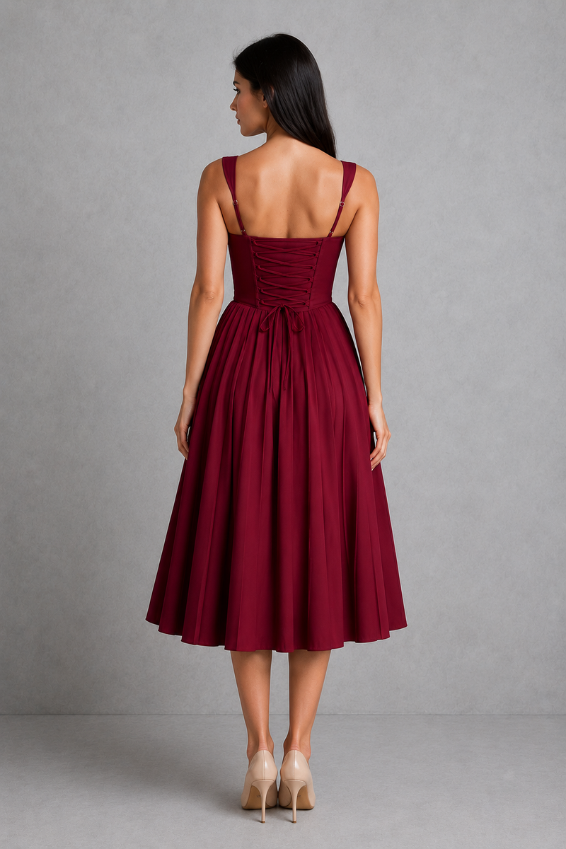 Woman wearing a burgundy dress against a gray background