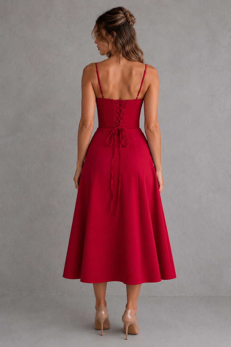 Red dress with thin straps and lace-up back on a gray background