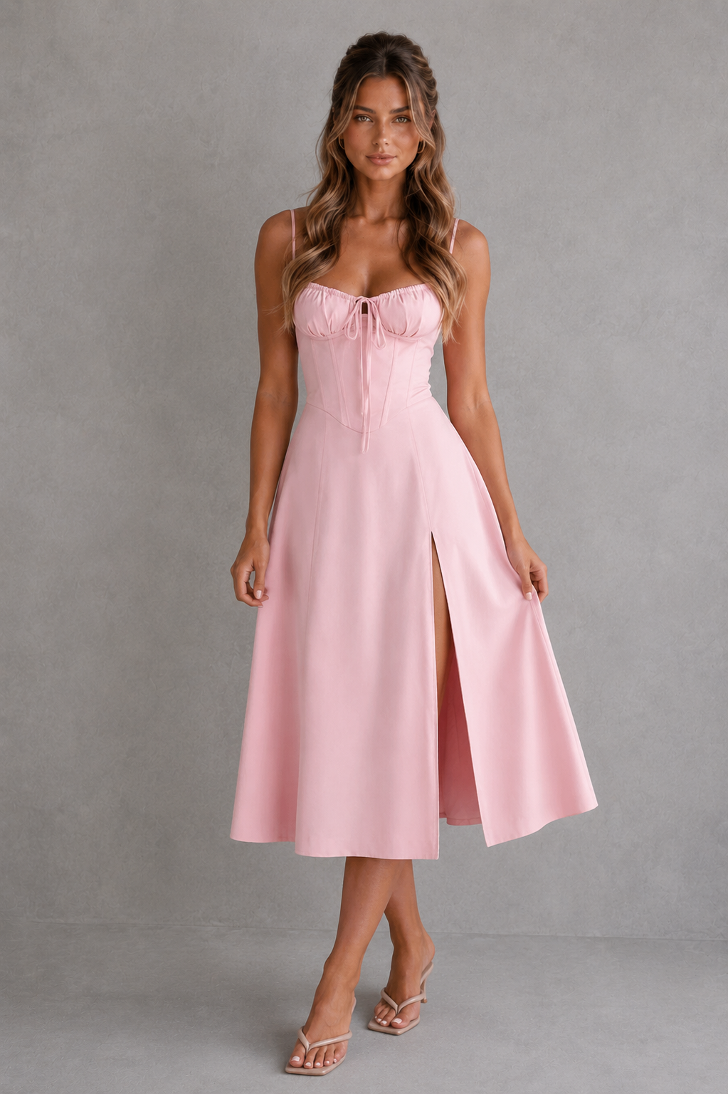 Woman wearing a pink dress with a slit on a gray background