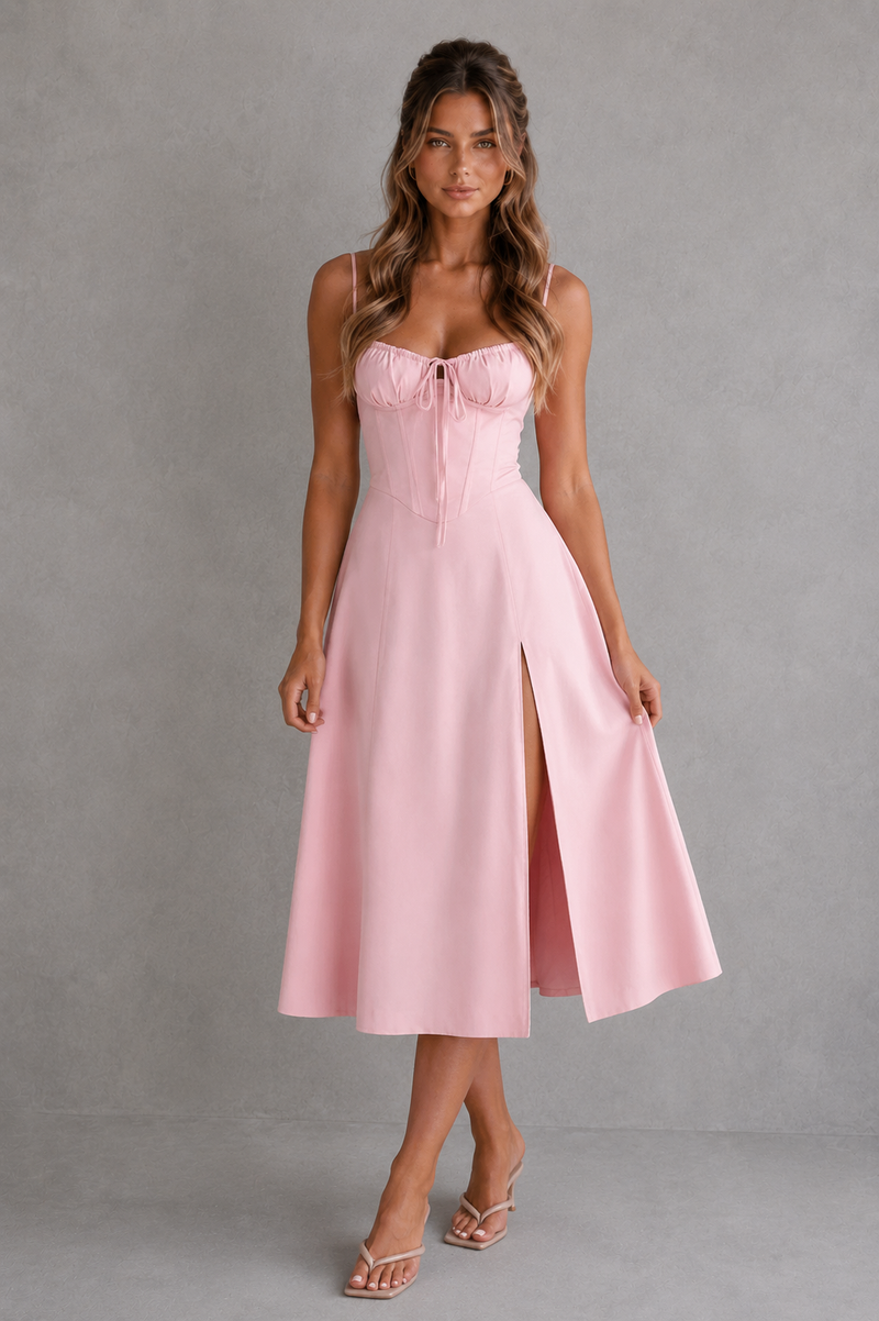 Woman wearing a pink dress with a slit on a gray background