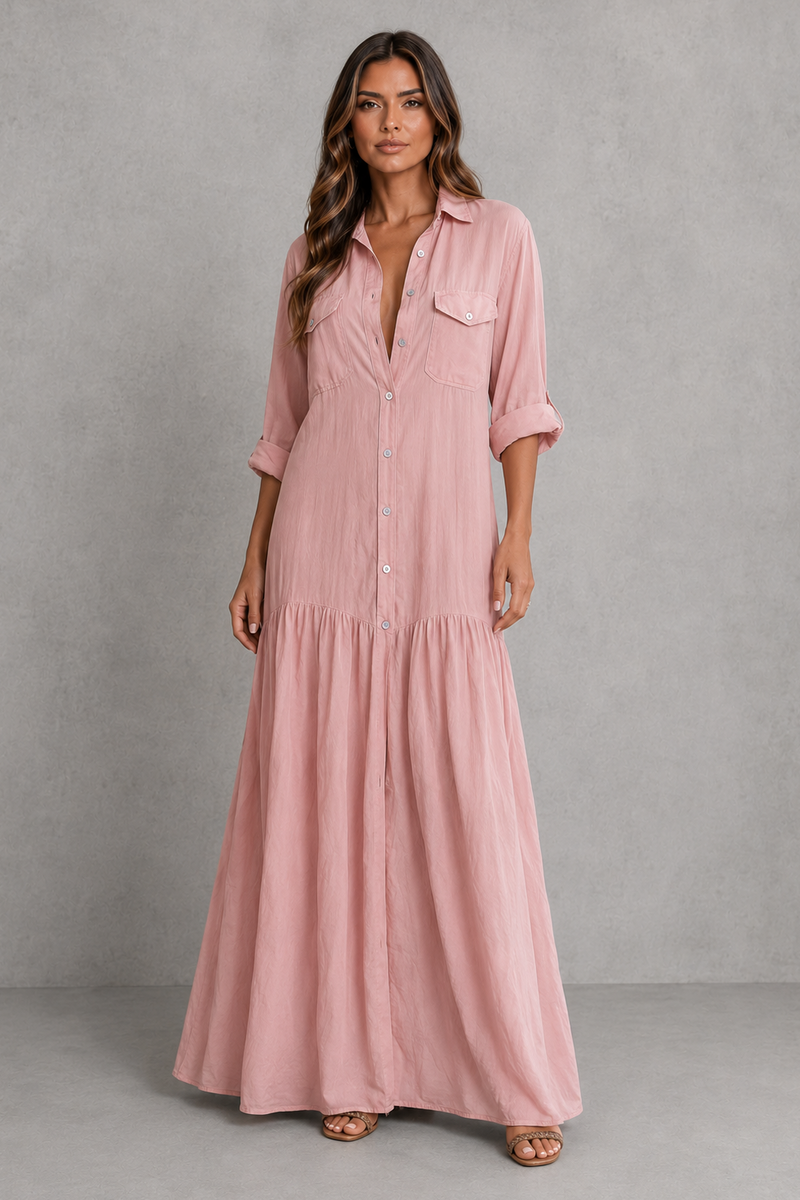 Women’s Cotton Linen Maxi Dress with Button Front & Ruffle Hem for Casual Summer Wear