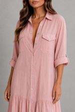 Women’s Cotton Linen Maxi Dress with Button Front & Ruffle Hem for Casual Summer Wear
