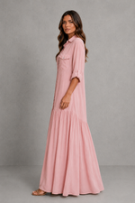 Women’s Cotton Linen Maxi Dress with Button Front & Ruffle Hem for Casual Summer Wear