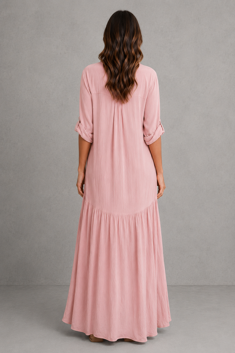 Women’s Cotton Linen Maxi Dress with Button Front & Ruffle Hem for Casual Summer Wear